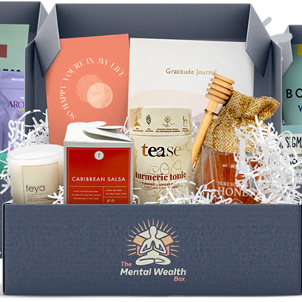 A curated selection of Mental Wealth Box self-care items